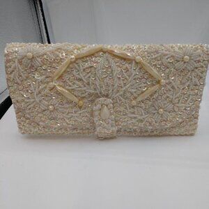 Vintage 60s Clutch/Purse Opalescent Beaded Sequin White Satin Handbag